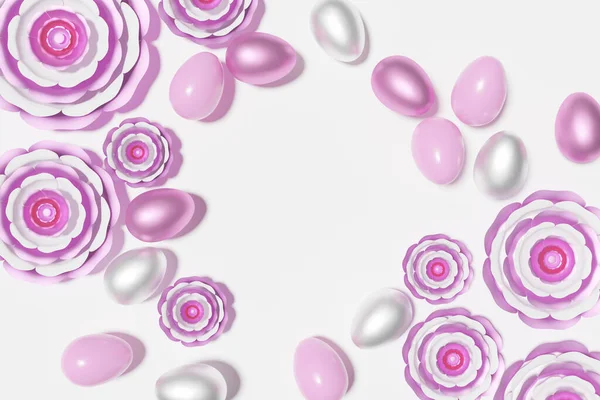 3D renderização de ovos de Páscoa rosa monocromático com flores em um fundo rosa — Fotografia de Stock