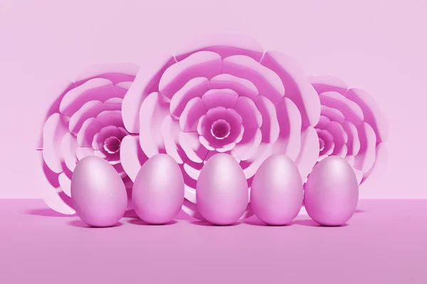 3d weergave van monochrome roze paaseieren met bloemen op een roze achtergrond — Stockfoto