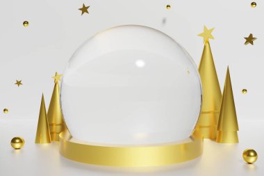 3 boyutlu altın kar küresi ve altın külçeli Noel ağaçları. Topları ve yıldızları beyaz arka planda.