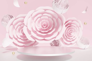 3D uçan güzel çiçeklerin pastel pembe podyumu.