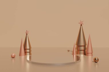 3 boyutlu bej podyum, şeftali ve altın renkli koni ağacının moka arka planında küreleri var.