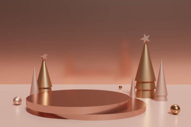 Gül sarısı podyum, şeftali ve altın renkli Noel ağaçlarının küreleri altın arkaplanda.