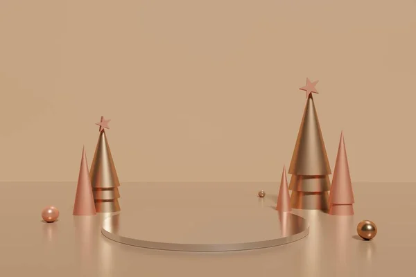 3 boyutlu bej podyum, şeftali ve altın renkli koni ağacının moka arka planında küreleri var.
