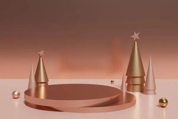 3d render of rose gold podium and peach and gold cone Christmas trees with spheres on a rose gold background