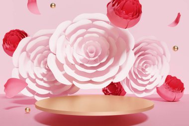 3D uçan güzel çiçekler ve altın bir podyum.
