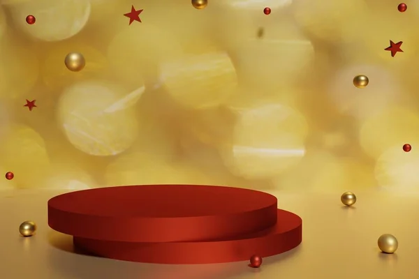 3 boyutlu kırmızı podyum ve uçan altın noel topları ve yıldızları altın bir arka planda.