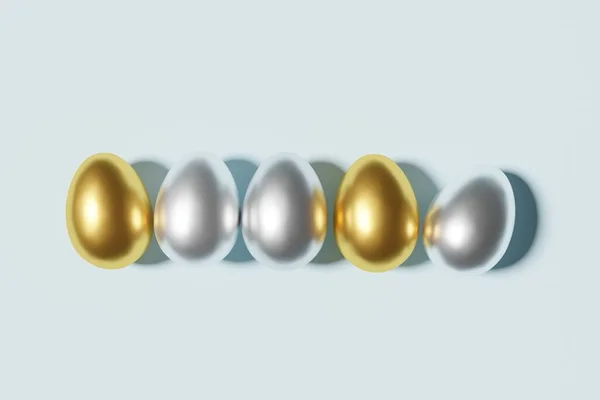 3D-weergave van zilveren en gouden paaseieren op een hemelsblauwe achtergrond — Stockfoto