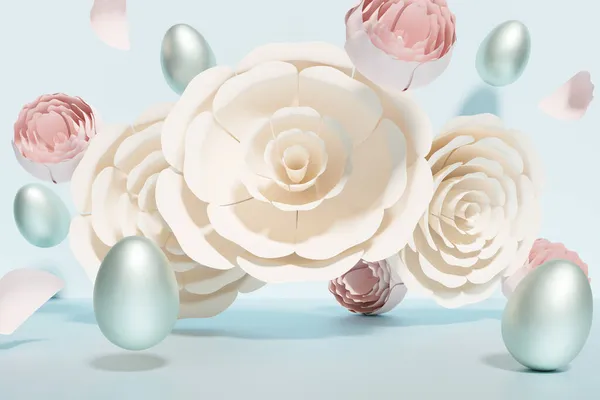3d render de marfim e pastel rosa voando flores e azul ovos de Páscoa cena em um fundo azul — Fotografia de Stock