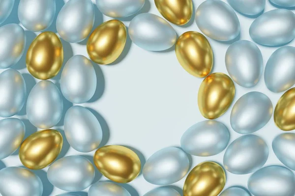 3d render of blue and gold easter egg wreath on a sky blue background — Stock Photo, Image