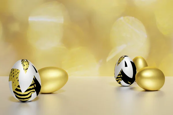3d weergave van scène met wit en goud paaseieren op een bokeh achtergrond — Stockfoto