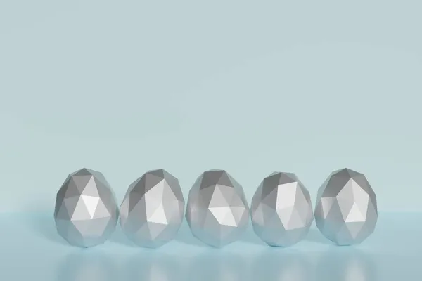 3d renderizado de huevos de pascua de polietileno bajo plateado sobre un fondo azul pastel — Foto de Stock