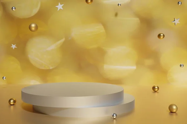 3D-weergave van zilveren podium en vliegende gouden kerstballen en sterren op een gouden bokeh achtergrond — Stockfoto