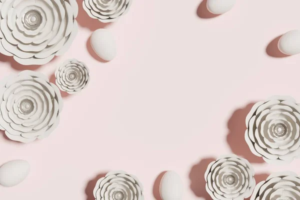 3d renderização de marfim bege Easter eggs frame com flores em um fundo rosa — Fotografia de Stock