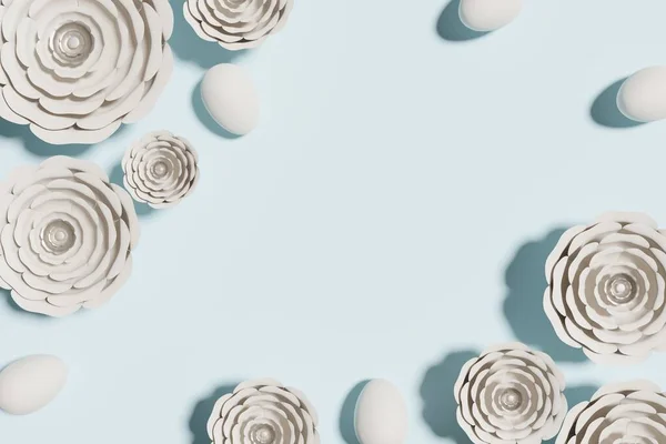 3D візуалізація рами зі слонової кістки бежевих великодніх яєць з квітами на синьому фоні — стокове фото