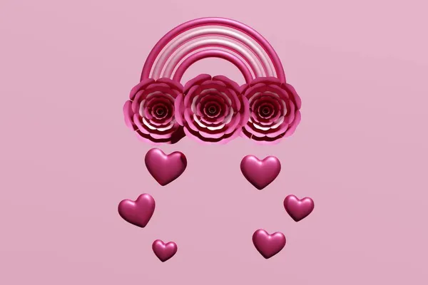 3d renderizado de ranbow rosa moderno con flores lloviendo corazones — Foto de Stock
