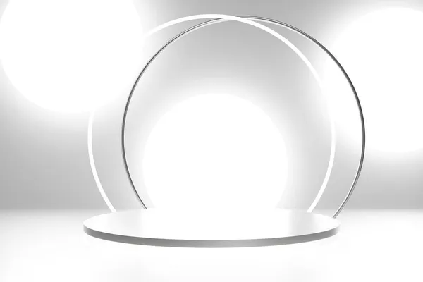 3d weergave van zilveren podium op een witte achtergrond met witte neon boog ring en lichte cirkels — Stockfoto