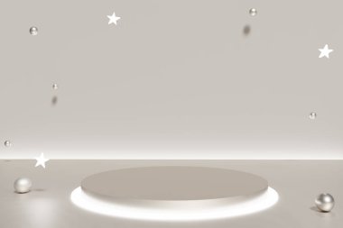 3D fildişi podyum. Xmas için uçan toplar ve yıldızlar.