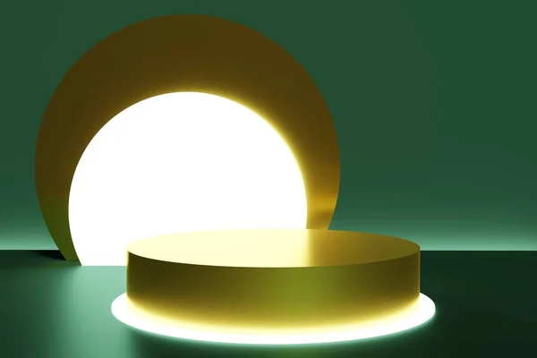 Renderização 3d de pódio iluminado dourado com luzes circulares e círculo dourado em um fundo verde esmeralda — Fotografia de Stock