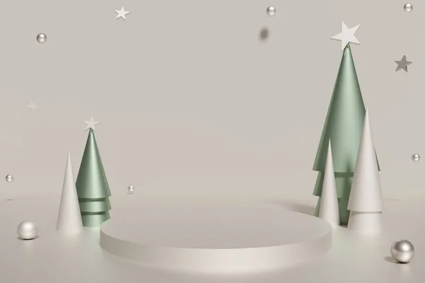 3D fildişi podyum ve fesleğen yeşil koni Noel ağaçlarının uçan topları ve yıldızları.