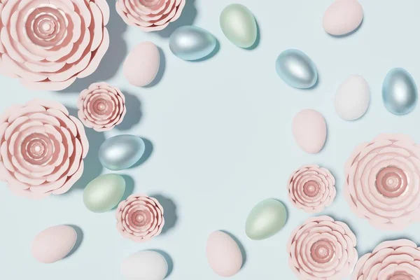3d render de rosa, manjericão verde e azul páscoa ovos quadro com flores de papel plana colocar em um fundo azul pastel — Fotografia de Stock