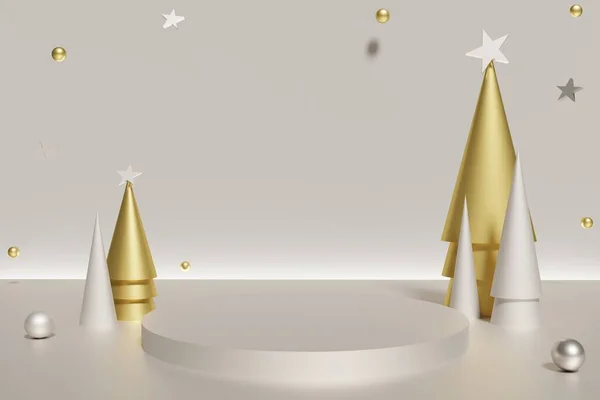 3d weergave van ivoor podium en gouden kegel kerstbomen met vliegende ballen en sterren — Stockfoto