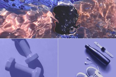 Kolaj yılın 2022 rengi halterler, spor ayakkabılar, akıllı saat ve havuz renginde menekşe rengi