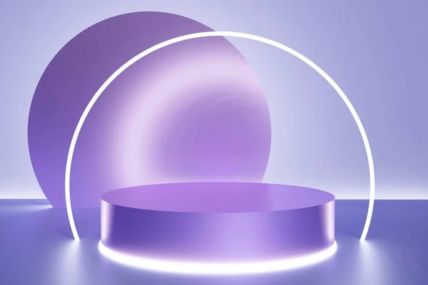 Mor zemin üzerinde 3D menekşe podyum renginde, neon ışıkları açık.