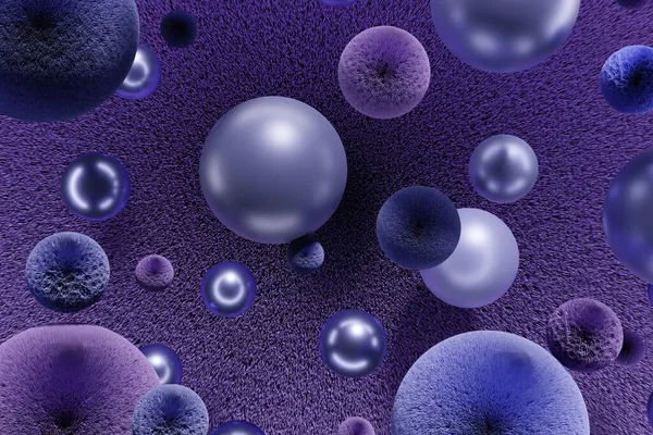 3D-Darstellung fliegender violetter Kugeln und flauschiger Fellkugeln auf weichem violettem Hintergrund — Stockfoto