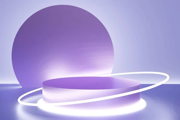 Mor zemin üzerinde 3D menekşe podyum renginde, neon ışıkları açık.