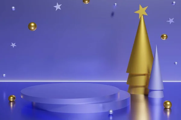 3d renderizado de podio violeta con cono púrpura y dorado Árboles de Navidad con esferas sobre fondo violeta para Navidad —  Fotos de Stock