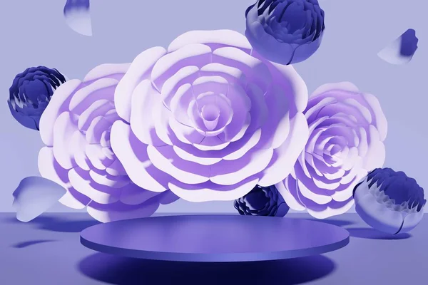 3d render of beautiful flying flowers with a purple podium — Stock Photo, Image