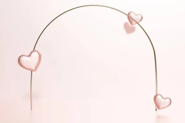 3d renderizado de corazón de San Valentín rosa con marco de arco de oro sobre un fondo rosa pastel — Foto de Stock