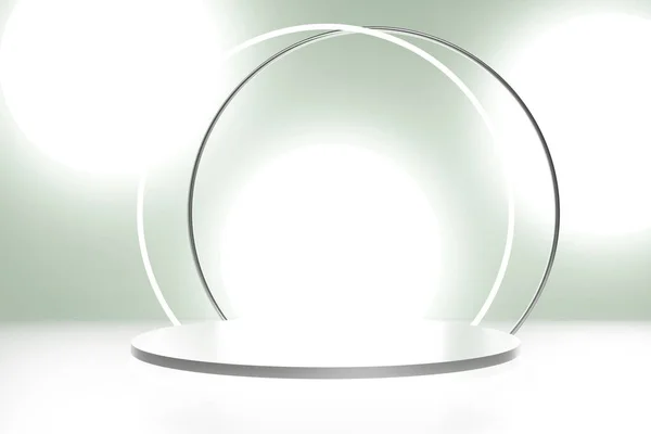 3d weergave van zilveren podium op een grijze groene achtergrond met witte neon boog ring en lichte cirkels — Stockfoto