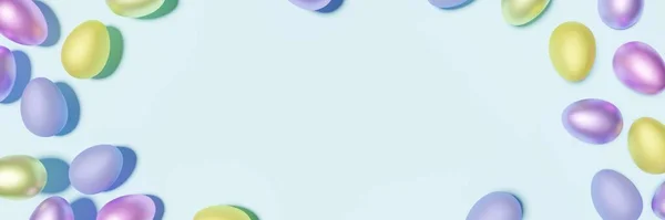 パステルカラーの3Dレンダリング青い背景にイースターエッグフレームバナー — ストック写真