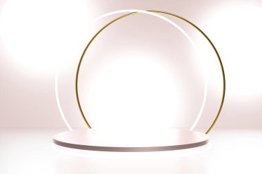 Mercan zemin üzerinde 3D pastel pembe podyum. Beyaz kurşun, altın kemer ve ışık halkaları var.