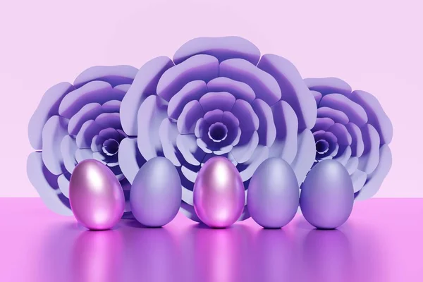 3d weergave van roze en violette paaseieren met paarse bloemen op een roze achtergrond — Stockfoto