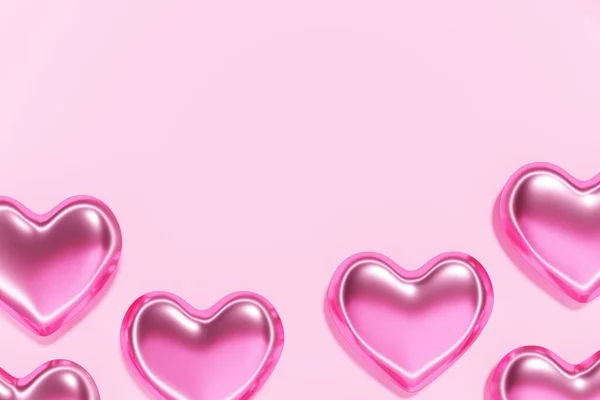 Pembe arkaplan üzerinde 3D pastel pembe kalpler monokrom minimalist kenar