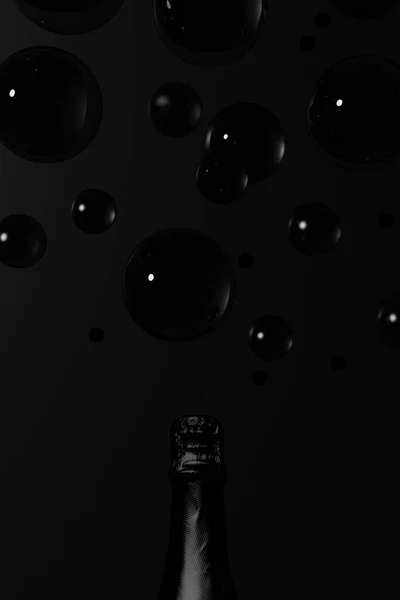 Rendering 3d di bottiglia di champagne su sfondo nero con bolle — Foto Stock