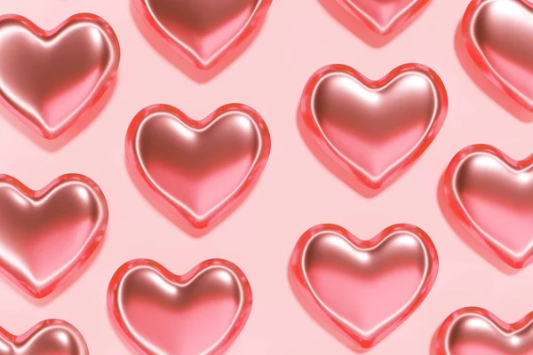 3d renderizado de patrón de corazones rojos de coral sobre un fondo rosa pastel — Foto de Stock