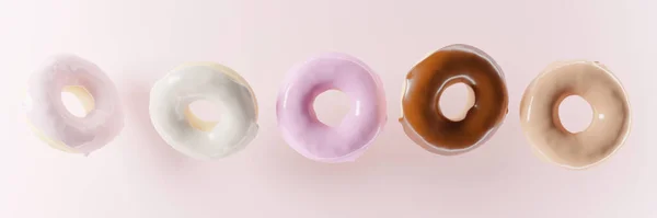 3D рендеринг баннера пончика с розовой и коричневой глазурью на розовом фоне — стоковое фото