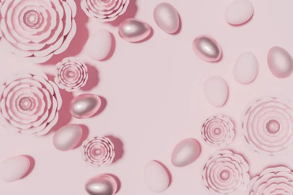 3D καθιστούν ροζ, πασχαλινά αυγά στεφάνι με λουλούδια σε ροζ φόντο — Φωτογραφία Αρχείου