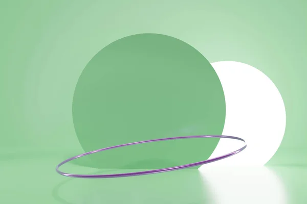 3d weergave van basilicum groene scène voor productpresentatie met metallic paarse ring en ronde led ligh — Stockfoto