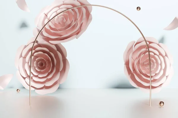 3D renderização de arco de ouro rosa com flores rosa pastel metálico e bolas voadoras e pétalas — Fotografia de Stock
