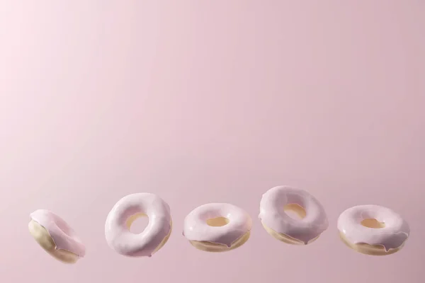 3d render of donut border with pastel pink glaze on a pink background — Stock Photo, Image