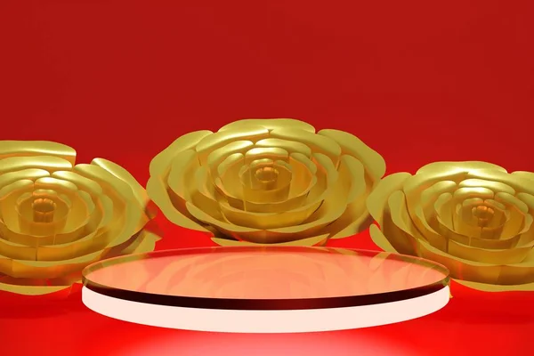 Renderização 3d de belas flores de ouro com um pódio de vidro com luzes led para Valentines, projec nupcial ou primavera — Fotografia de Stock