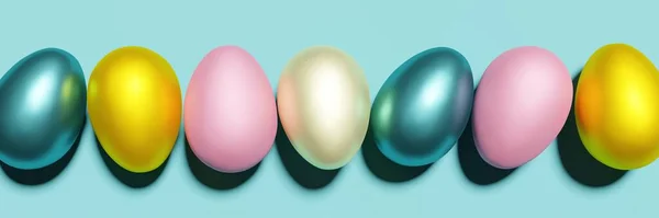 3D візуалізація рожево-жовтого і синього яєчного банера на бірюзовому фоні — стокове фото