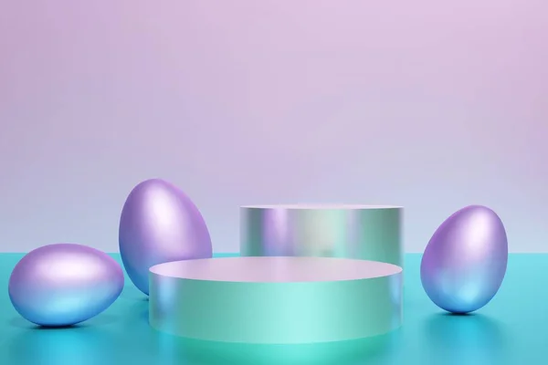 3d render de ovos roxos e pódios brilhantes em um fundo rosa e azul — Fotografia de Stock
