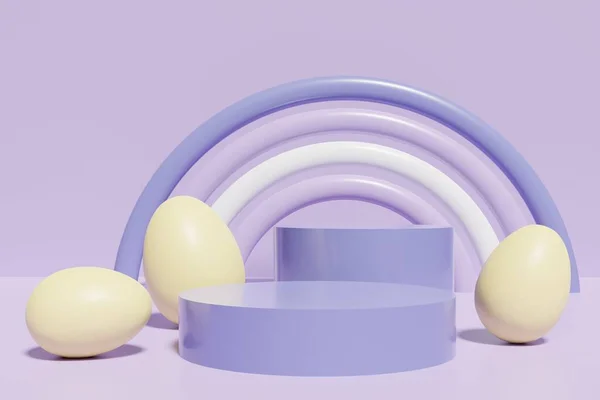 3d render of yellow eggs and podiums with a purple rainbow on a violet background — Stock Photo, Image