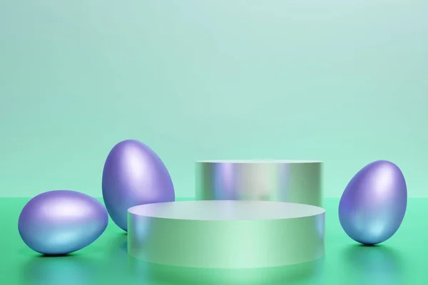 3d weergave van paarse eieren en glanzende podia op een mint en blauwe achtergrond — Stockfoto