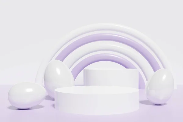 3d render of white eggs and podiums with a purple rainbow on a white background — Stock Photo, Image